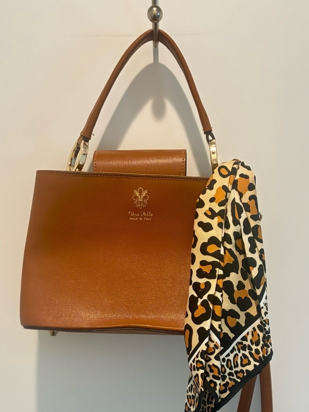 Beautiful Tan Top-Handle Satchel with Stylish Animal Print Scarf